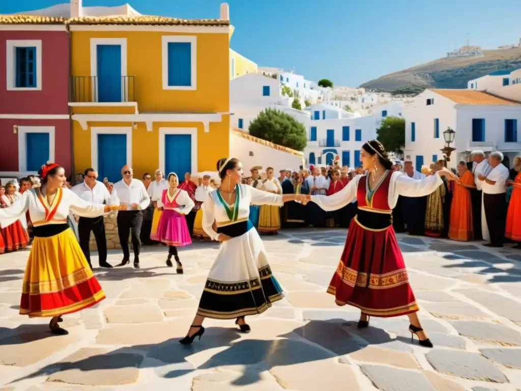 Grupo de bailarines griegos en trajes tradicionales, ejecutando un baile animado en una plaza soleada