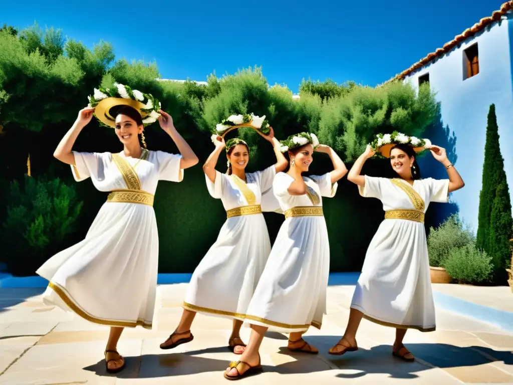 Un grupo de bailarines griegos con túnicas blancas y laureles dorados bailan el Sirtaki bajo el sol