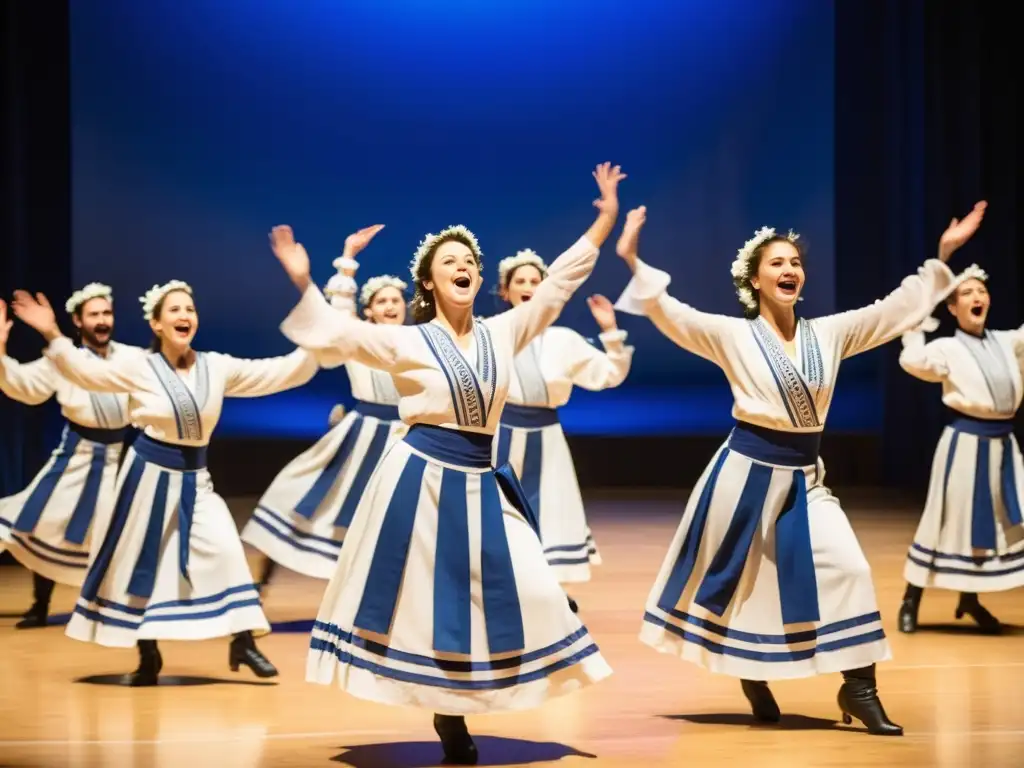 Grupo de bailarines griegos vestidos con trajes tradicionales blancos y azules, realizando el enérgico baile folclórico griego conocido como el syrtos