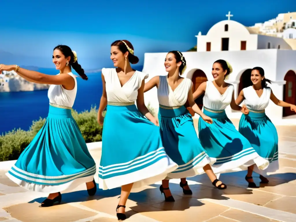 Un grupo de bailarines griegos, vestidos con trajes tradicionales, realizan una danza energética al aire libre bajo el cálido sol mediterráneo