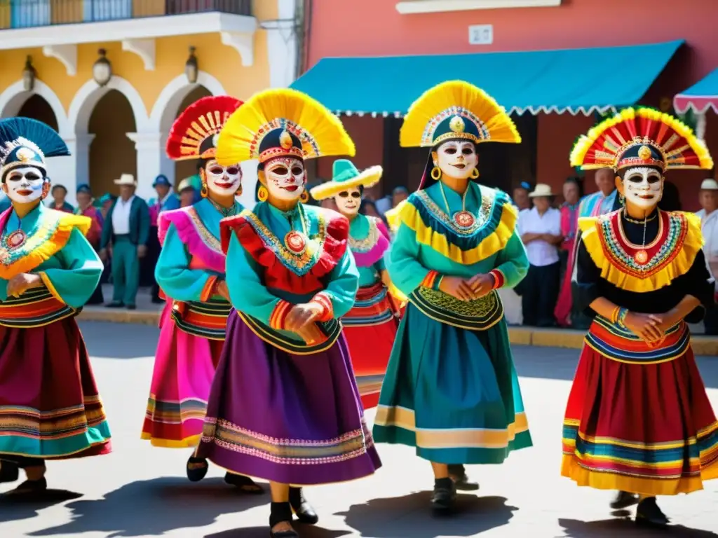 Grupo de bailarines guatemaltecos de la Danza de los Viejos, con trajes tradicionales coloridos y máscaras, en una animada plaza llena de espectadores