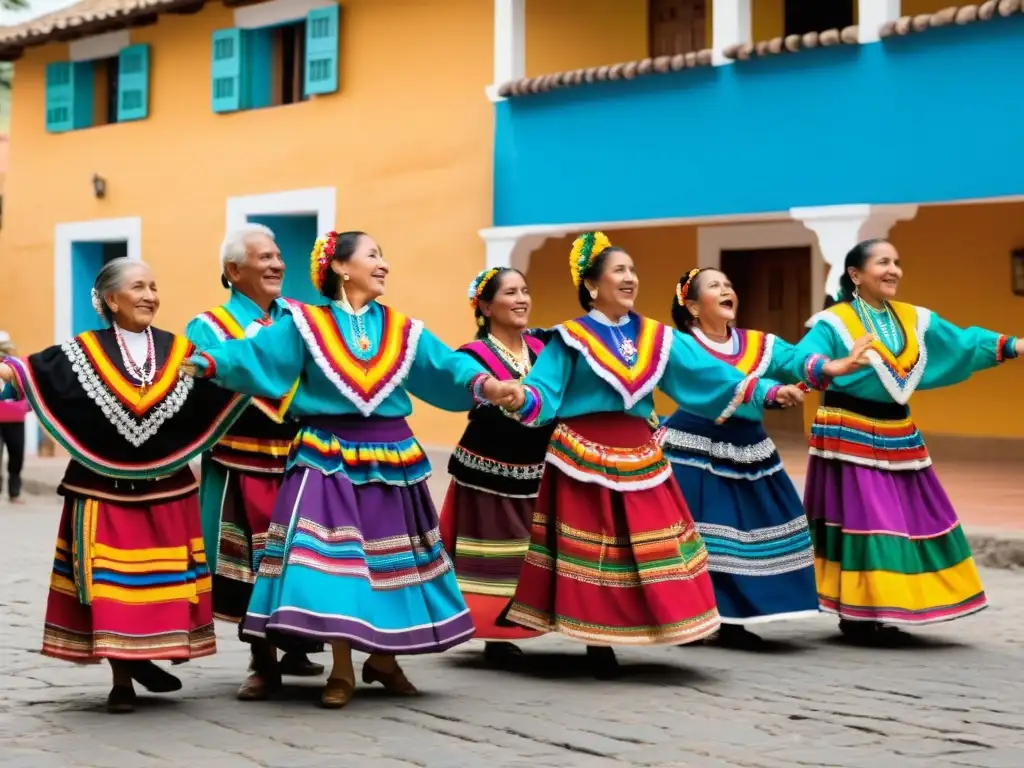 Un grupo de bailarines guatemaltecos de la Danza de los Viejos, luciendo trajes coloridos, danzando con alegría en la plaza del pueblo