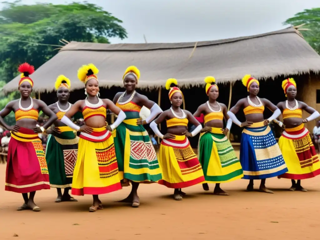 Grupo de bailarines guineanos ejecutando las danzas tradicionales Yankadi y Macru en una plaza del pueblo al atardecer en Guinea