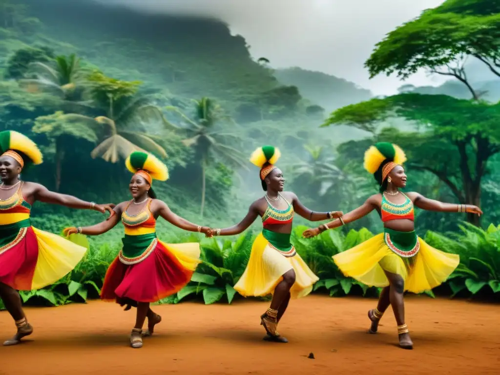 Grupo de bailarines guineanos realizando las tradicionales danzas Yankadi y Macru en un entorno vibrante en Guinea