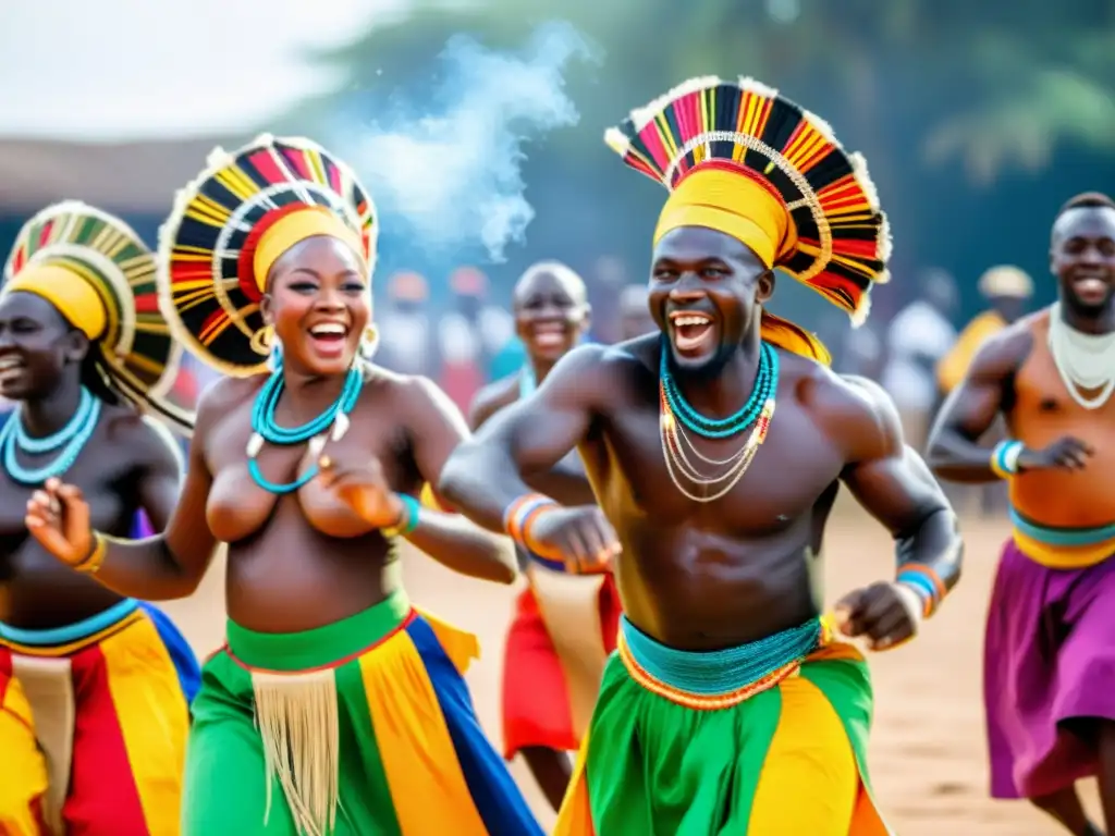 Grupo de bailarines guineanos en trajes coloridos, danzando al ritmo de tambores, rodeados de espectadores con rostros de alegría