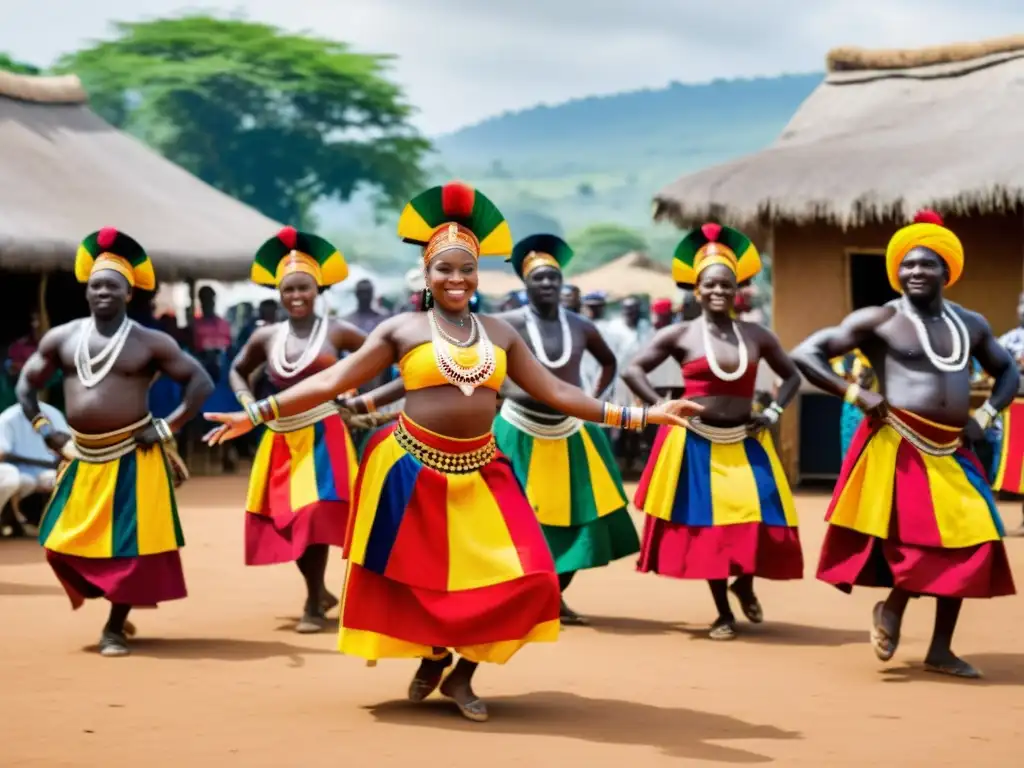 Grupo de bailarines guineanos en trajes coloridos realizando danzas tradicionales con expresividad y detalle, capturando la riqueza cultural de Guinea