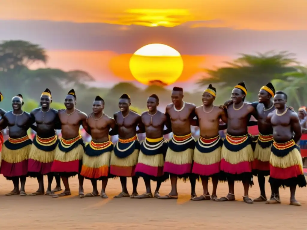 Grupo de bailarines guineanos en trajes tradicionales coloridos, realizando danzas Yankadi y Macru, con expresiones vibrantes y movimientos rítmicos