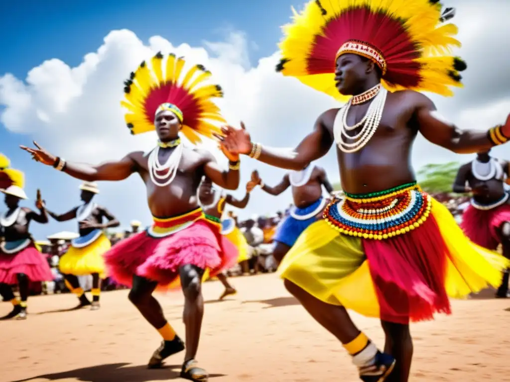 Grupo de bailarines guineanos con trajes vibrantes y coloridos, moviéndose al ritmo de la banda sonora danzas étnicas Guinea bajo el sol africano