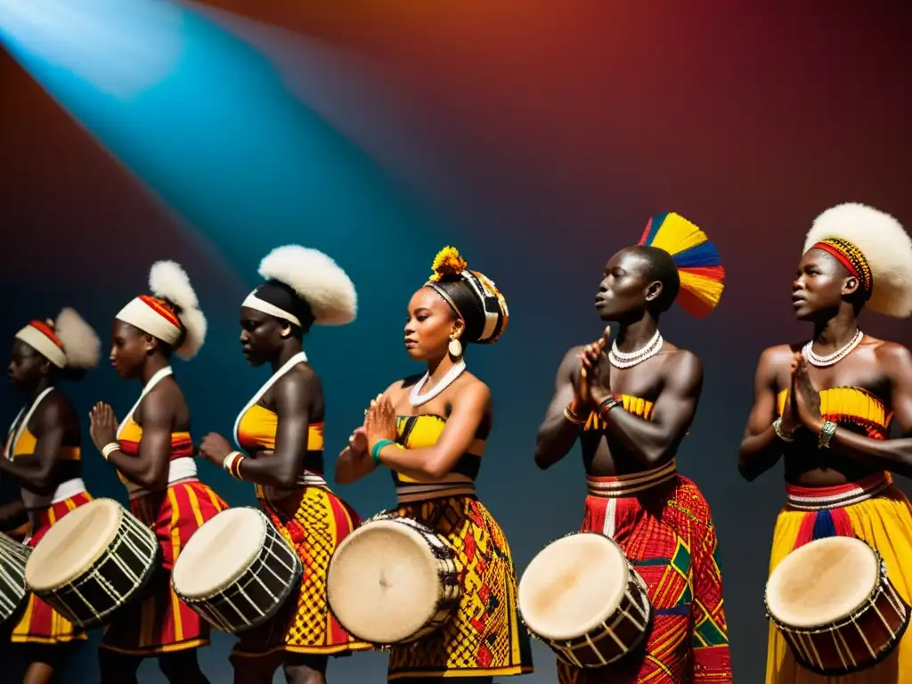 Grupo de bailarines guineanos en trajes Moribayasa, danzando al ritmo de tambores