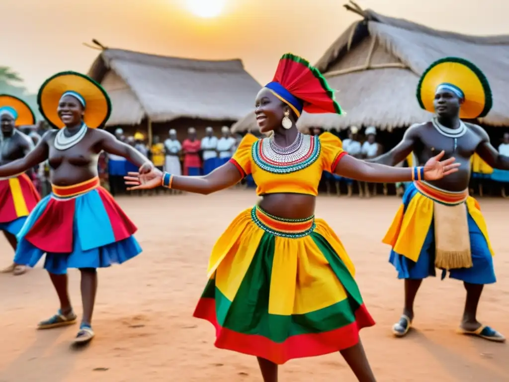 Grupo de bailarines guineanos en trajes coloridos realizando danzas tradicionales, expresando la alegría y significado cultural