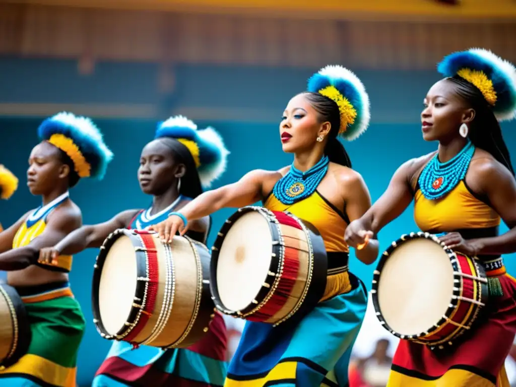 Grupo de bailarines de Gwoka en Guinea, vistiendo trajes tradicionales vibrantes, realizando la danza de fertilidad con gracia y pasión