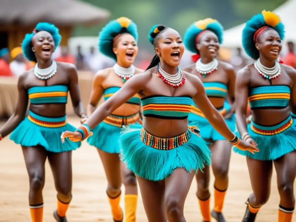 Grupo de bailarines de Gwoka en trajes tradicionales, danza sincronizada con energía y pasión