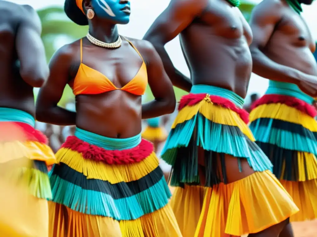 Grupo de bailarines Gwoka en Guinea, con trajes tradicionales y pintura corporal, transmiten significado cultural en su enérgica danza