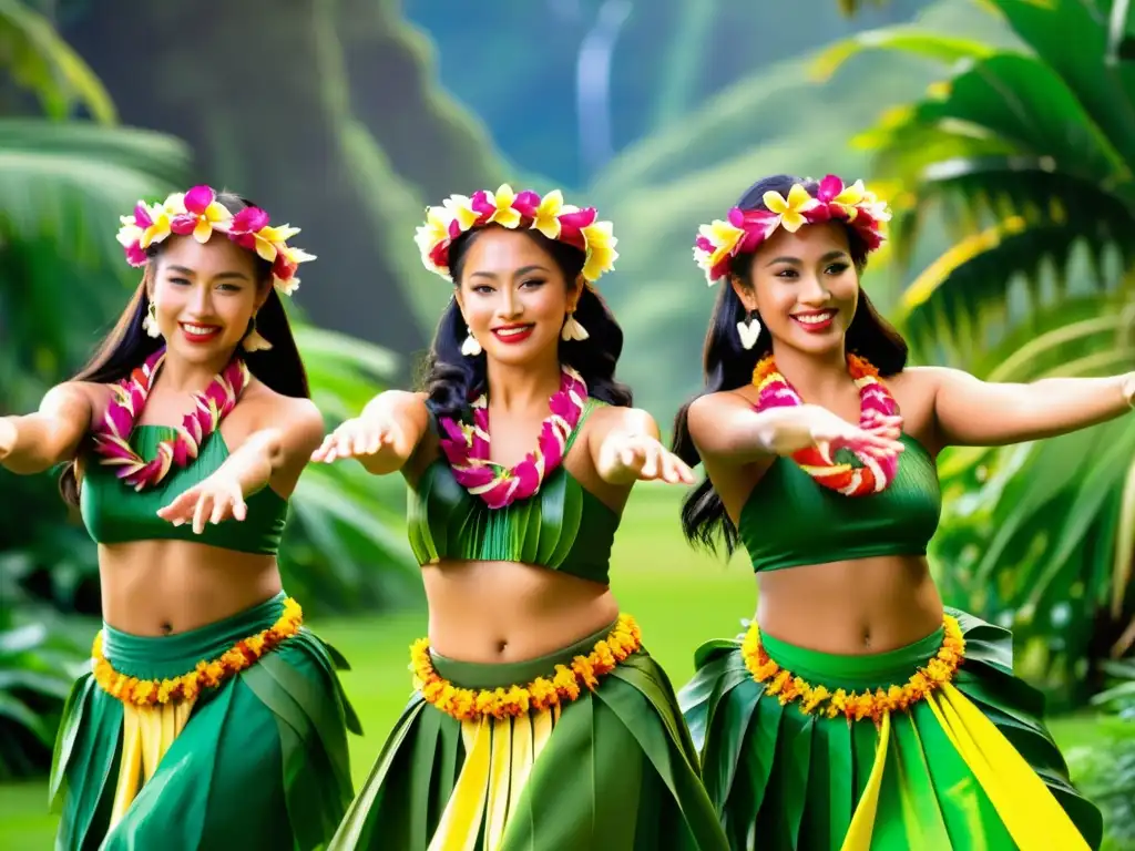 Grupo de bailarines de hula hawaiano realizando danza tradicional en un bosque tropical, mostrando el significado cultural del Hula Hawaiano