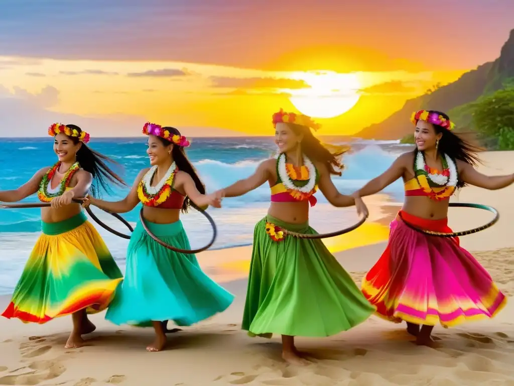 Grupo de bailarines hawaianos ejecutando el antiguo arte del hula, con trajes tradicionales y fondo de un atardecer en el océano Pacífico