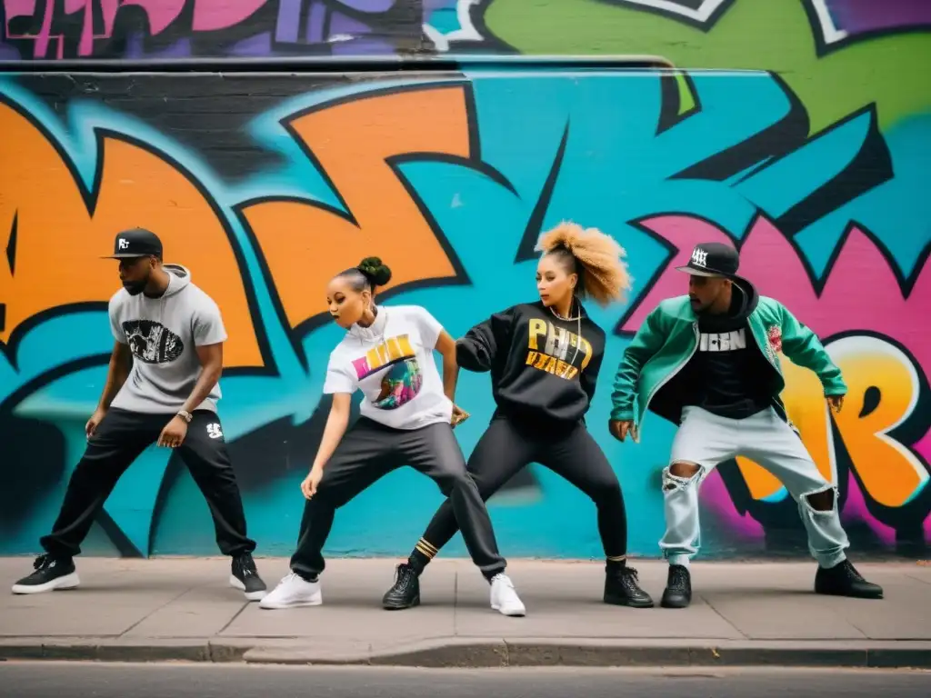 Grupo de bailarines de hip hop realizando coreografías icónicas en una calle urbana llena de grafitis vibrantes