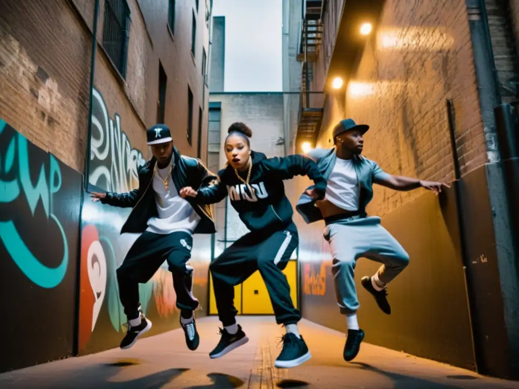 Grupo de bailarines de hip hop ejecutando coreografías icónicas en un callejón urbano, con expresiones de intensa concentración