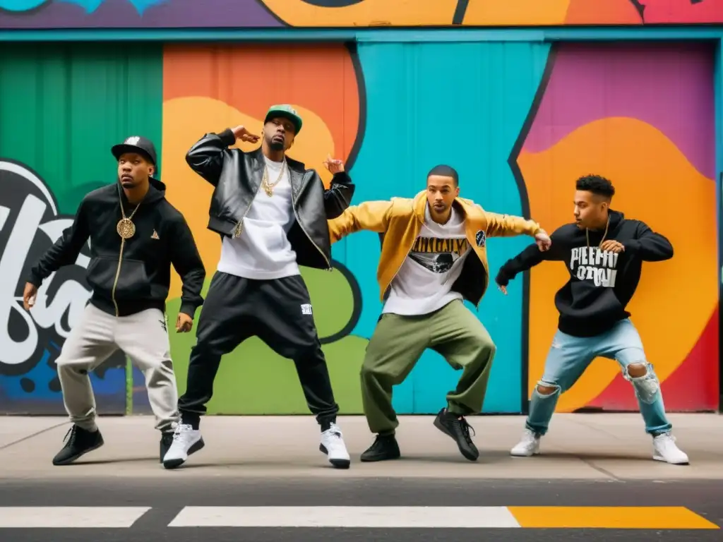 Grupo de bailarines de hip hop realizando coreografías icónicas en la calle urbana llena de grafitis