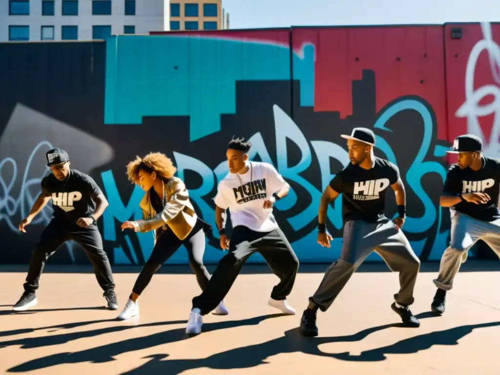 Un grupo de bailarines de hip hop ejecutando una coreografía icónica en un entorno urbano, con grafitis y una ciudad bulliciosa de fondo