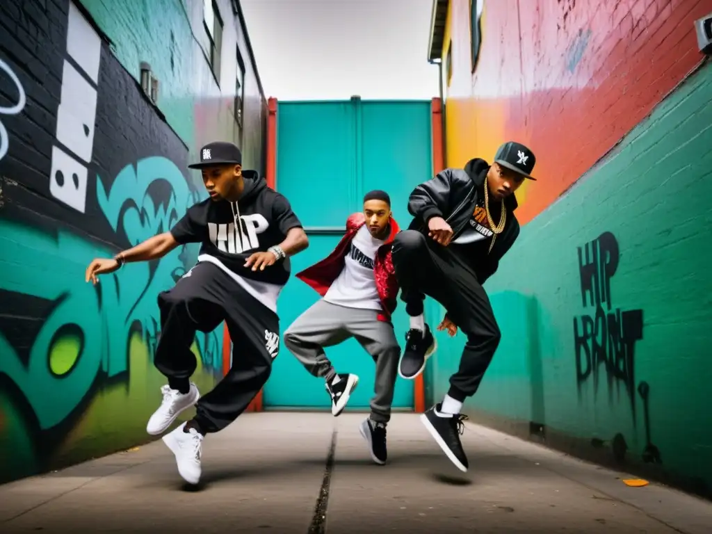 Grupo de bailarines de hip hop practicando coreografías icónicas en un callejón urbano lleno de grafitis, capturando la energía cruda y la pasión del baile urbano