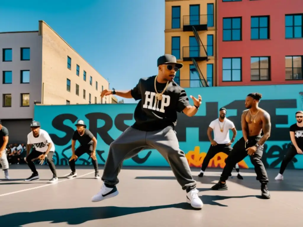 Grupo de bailarines de hip hop realizando coreografías icónicas en la calle de la ciudad, rodeados de espectadores y edificios urbanos