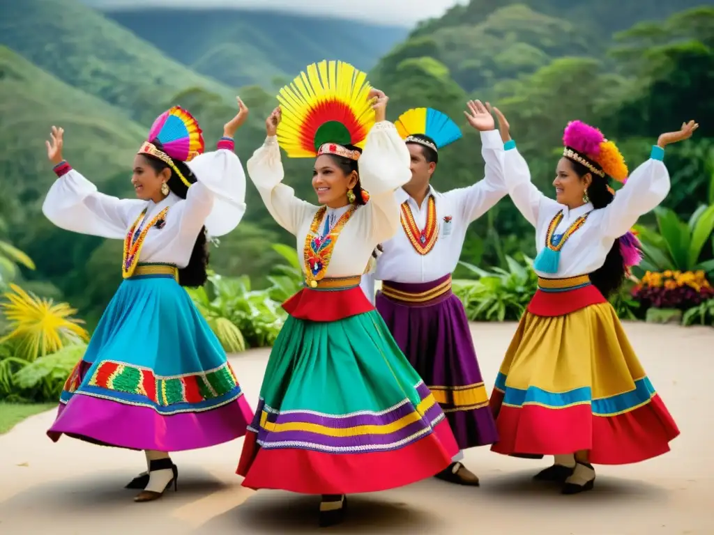 Un grupo de bailarines hondureños en huipiles vibrantes, danzando en círculo entre la exuberante vegetación