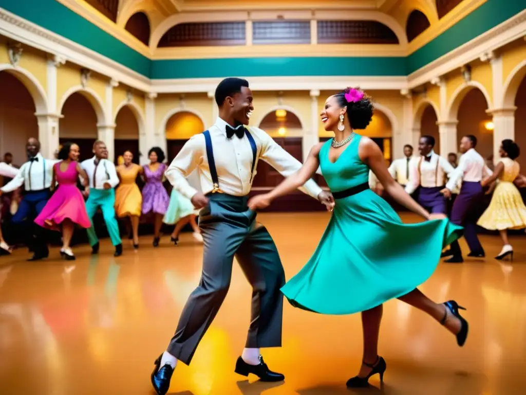 Grupo de bailarines de Lindy Hop en un salón histórico, exudando energía y alegría