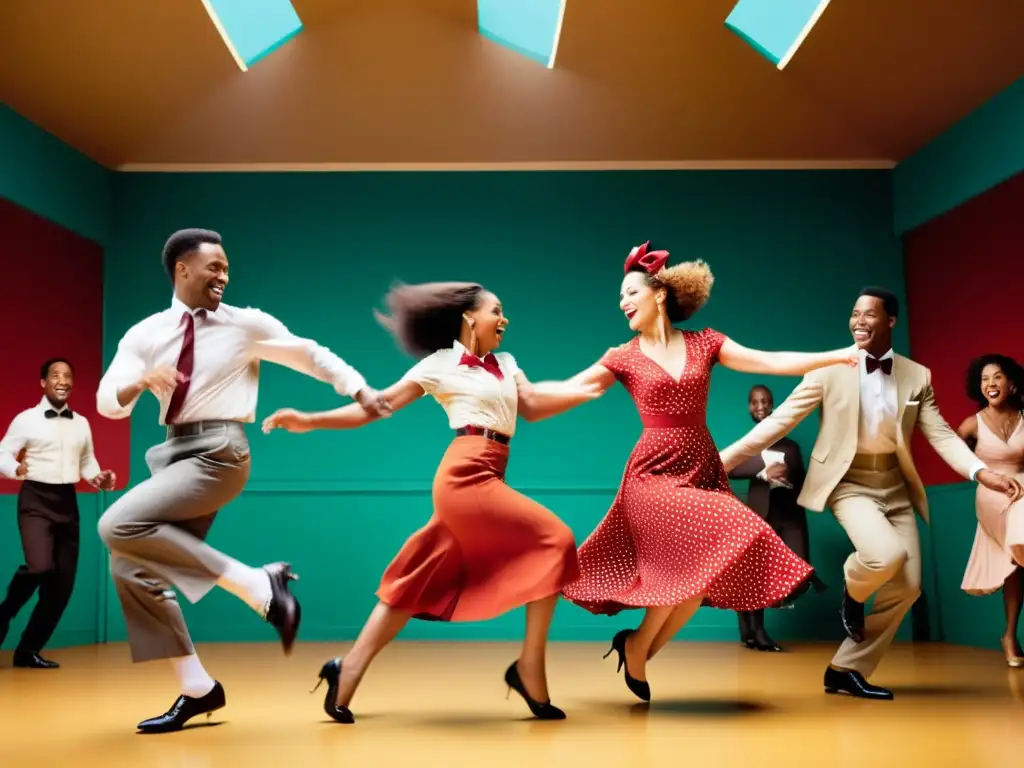 Grupo de bailarines de Lindy Hop en un salto dinámico, transmitiendo la pasión y la energía de este estilo de baile