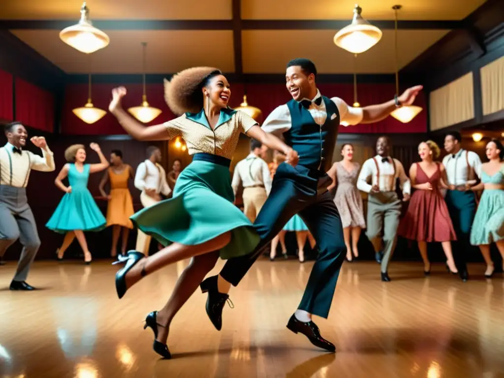 Grupo de bailarines de Lindy Hop en salto sincronizado en salón retro, transmitiendo la energía y emoción del baile