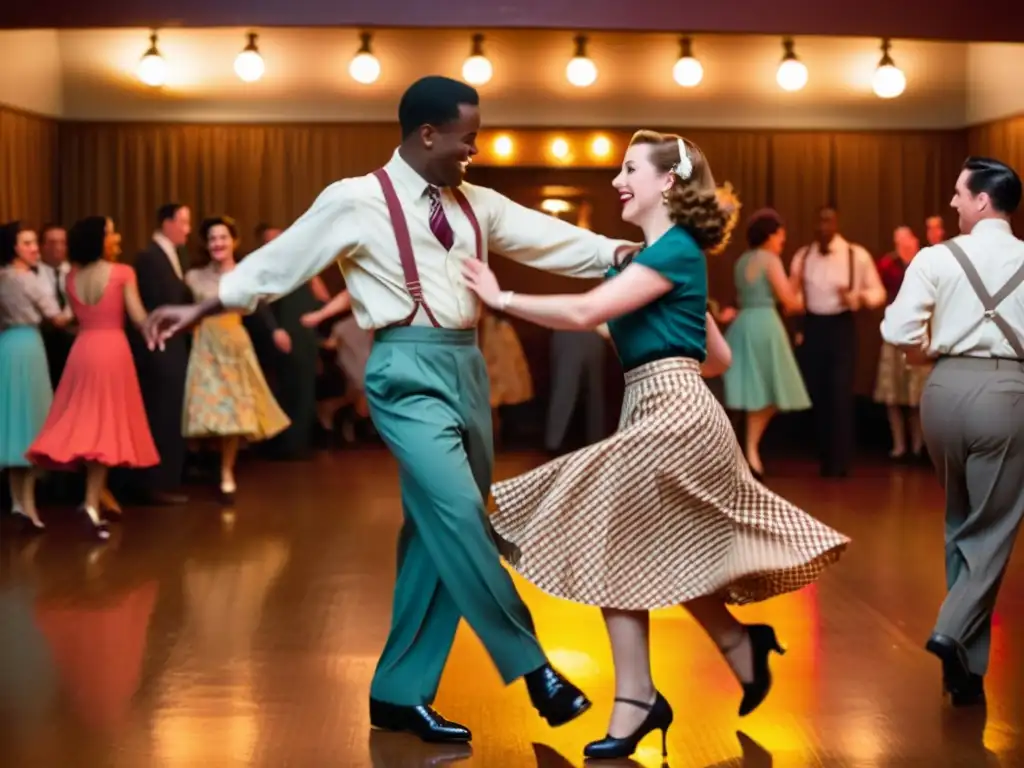 Grupo de bailarines de Lindy Hop en trajes vintage de los años 40, girando en una pista de baile llena de energía