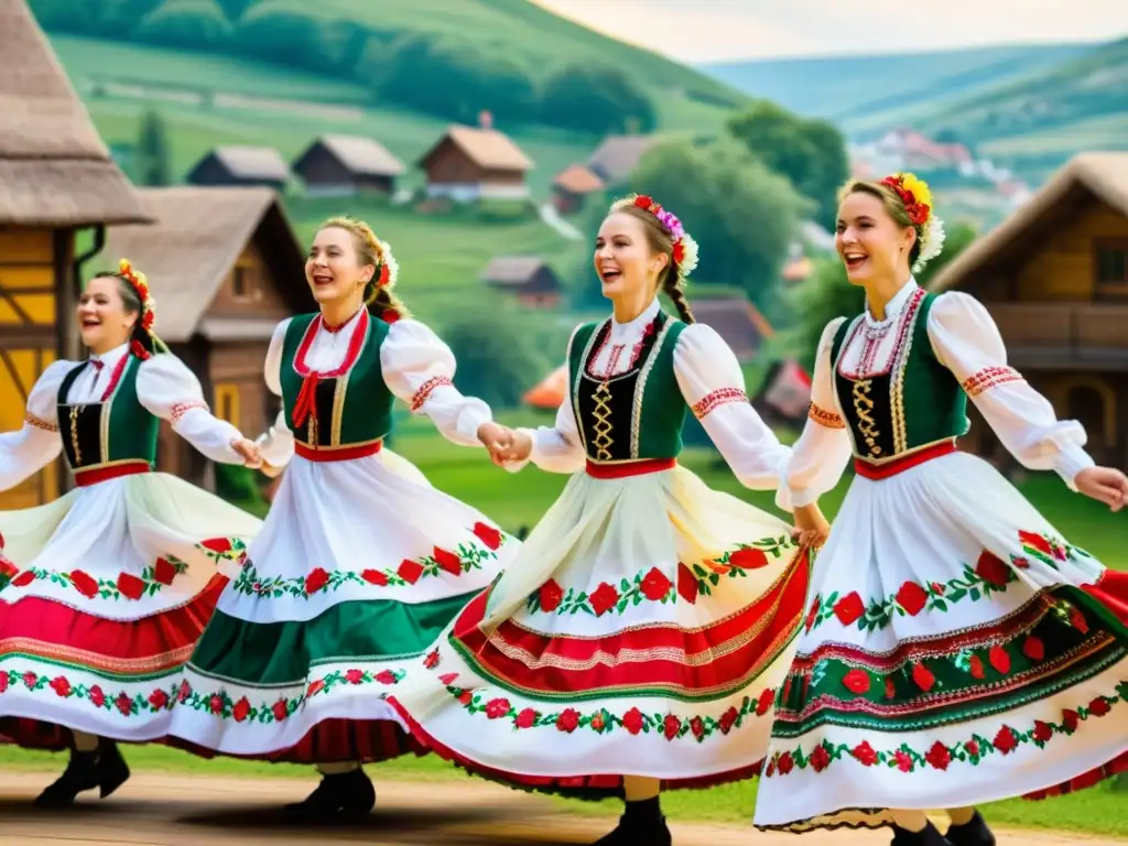 Grupo de bailarines húngaros en trajes folclóricos vibrantes, realizando el Csárdás en un escenario rural