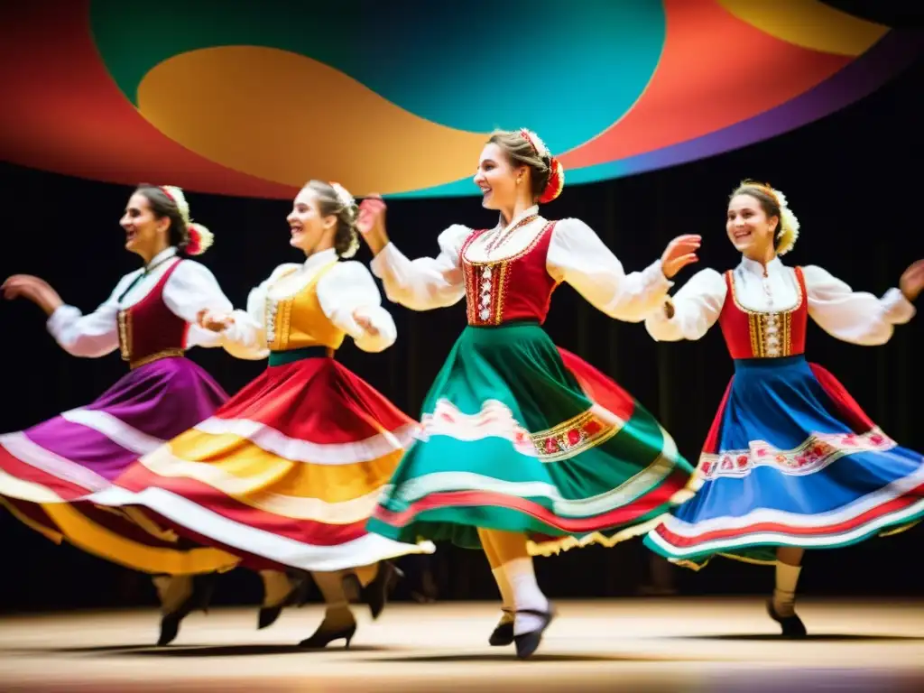 Grupo de bailarines húngaros en trajes tradicionales danzando apasionadamente el Czardas, mostrando su rica herencia cultural y virtuosismo artístico