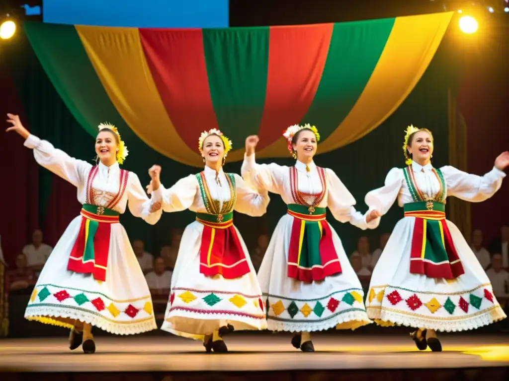 Grupo de bailarines húngaros en trajes folclóricos actuando en el vibrante Festival de Danza de Szeged, iluminados por cálida luz dorada y rodeados de motivos tradicionales húngaros, mientras el público disfruta con alegría