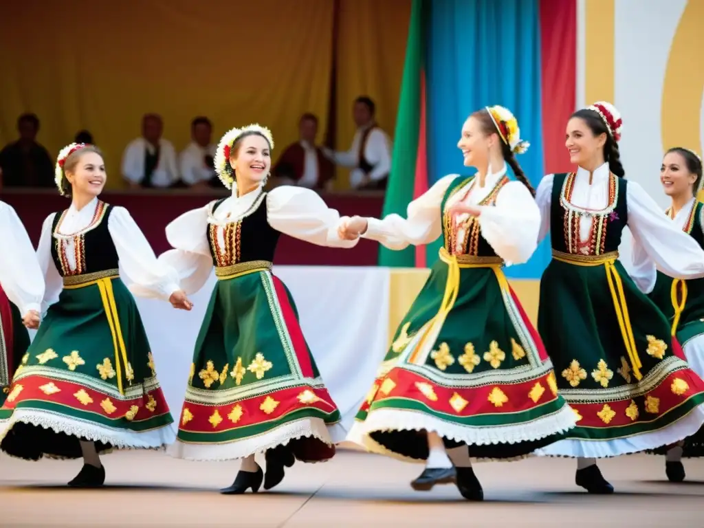 Grupo de bailarines húngaros en trajes folclóricos, danzando con energía en el Festival de Danza de Szeged, entre luces cálidas