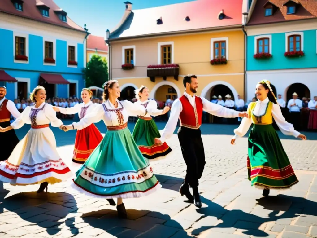 Grupo de bailarines húngaros en trajes tradicionales realizando una animada danza Csárdás en una plaza soleada, mientras la multitud aplaude y anima