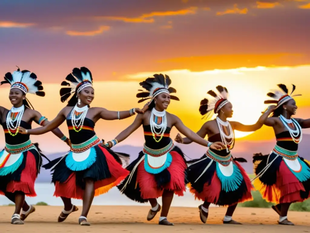 Grupo de bailarines Ibo ejecutando la enérgica danza Atilogwu al atardecer, exudando el significado cultural de Nigeria