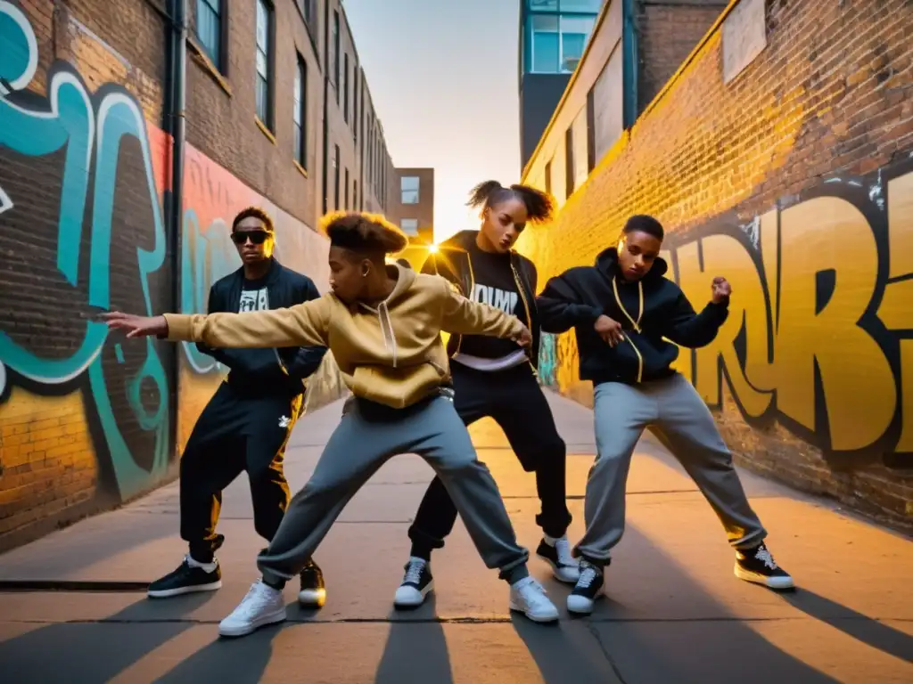 Un grupo de bailarines de krump, iluminados por el resplandor dorado del sol poniente, realizan una actuación llena de energía en un callejón urbano