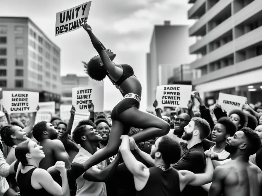 Grupo de bailarines expresando la importancia cultural de la danza en medio de una protesta, con determinación y pasión