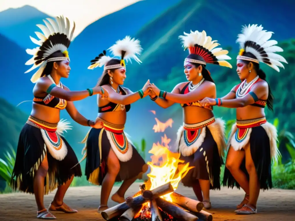 Grupo de bailarines indígenas en atuendo tradicional danzando alrededor de una fogata, evocando raíces culturales y la danza contemporánea