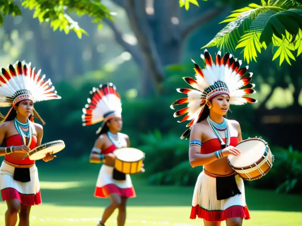 Un grupo de bailarines indígenas en atuendos tradicionales ejecutan una danza ceremonial en un claro rodeado de árboles antiguos