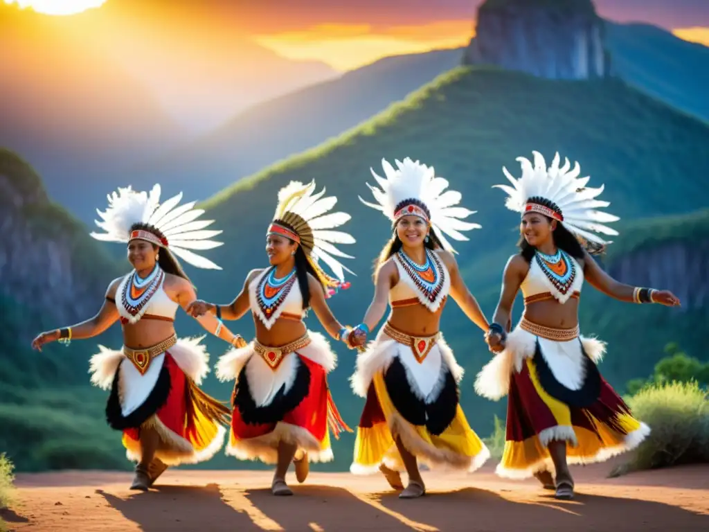 Grupo de bailarines indígenas danzando en atuendos tradicionales, expresando la belleza cultural en un entorno natural