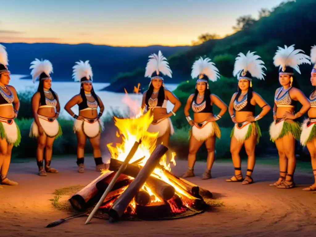 Grupo de bailarines indígenas con atuendos tradicionales danzando alrededor de una fogata, resaltando el significado cultural de danzas ancestrales