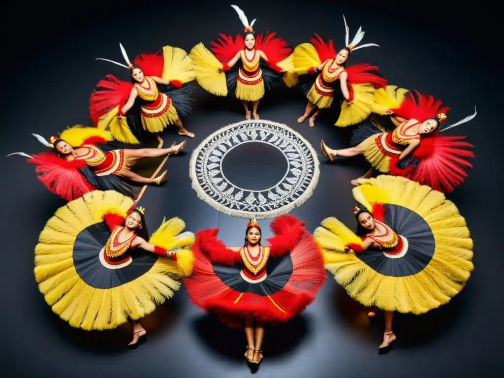 Grupo de bailarines indígenas australianos con trajes tradicionales que muestran una fusión de elementos tradicionales y contemporáneos, rodeados por la belleza natural del outback australiano