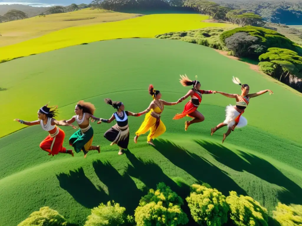 Grupo de bailarines indígenas de Oceanía realizando un baile intenso y enérgico en un campo verde exuberante