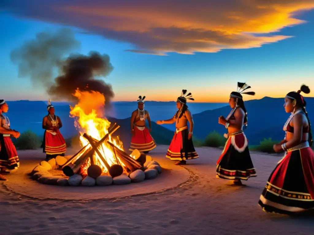 Un grupo de bailarines indígenas realiza un baile ancestral alrededor de una fogata, preservación de danzas ancestrales UNESCO