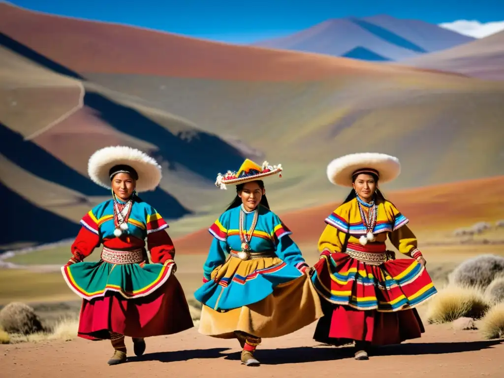 Grupo de bailarines indígenas bolivianos en trajes vibrantes realizan la danza Sariri en el Altiplano, exudando significado y resistencia cultural