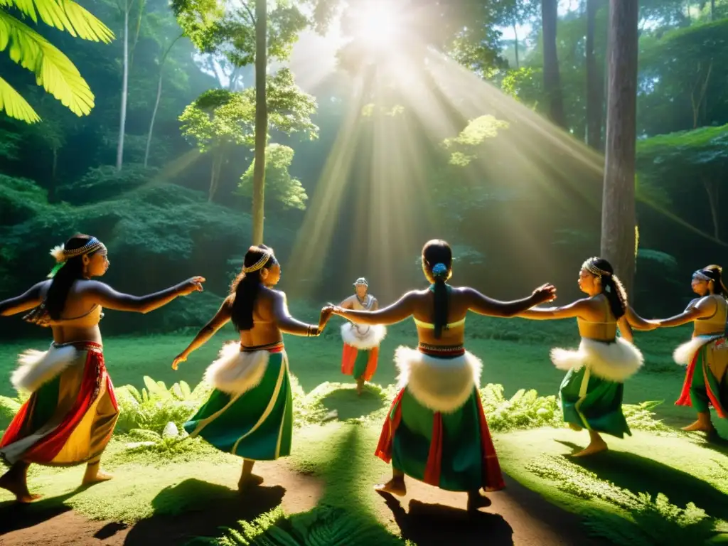 Grupo de bailarines indígenas danzando en el bosque, con trajes tradicionales coloridos, capturando la esencia de las danzas ancestrales