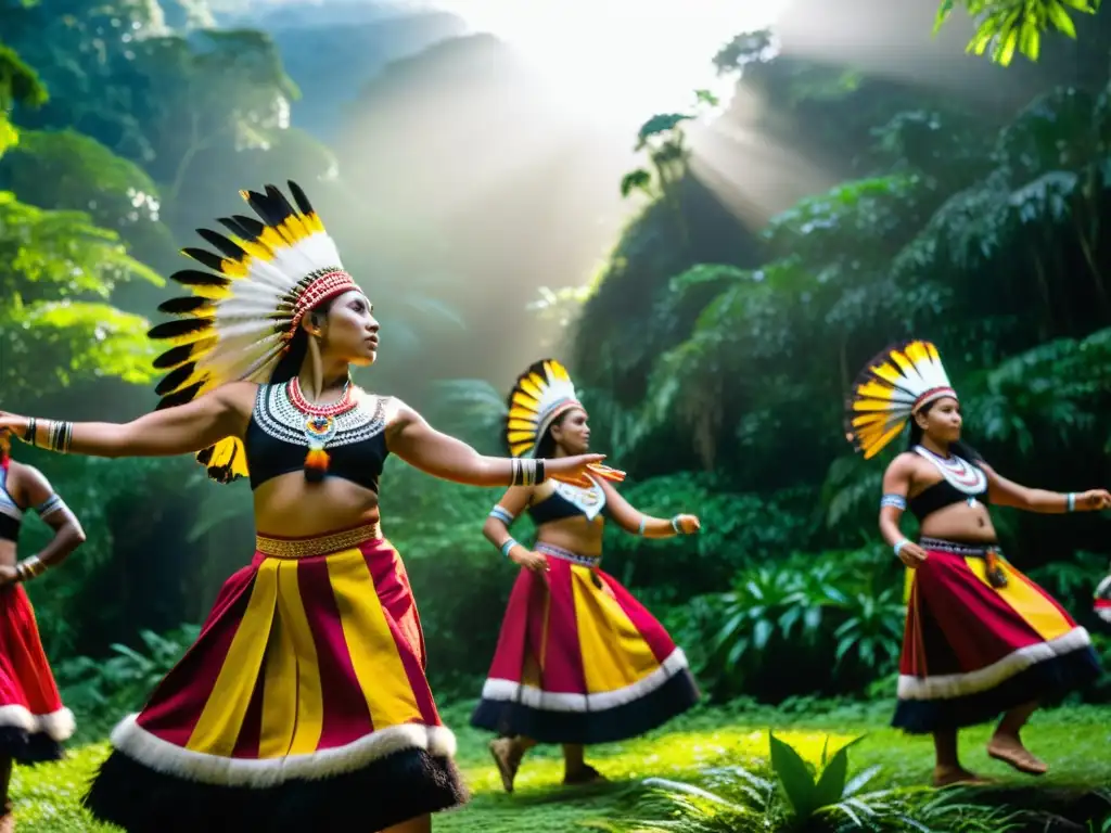 Un grupo de bailarines indígenas realiza un ceremonial en la selva