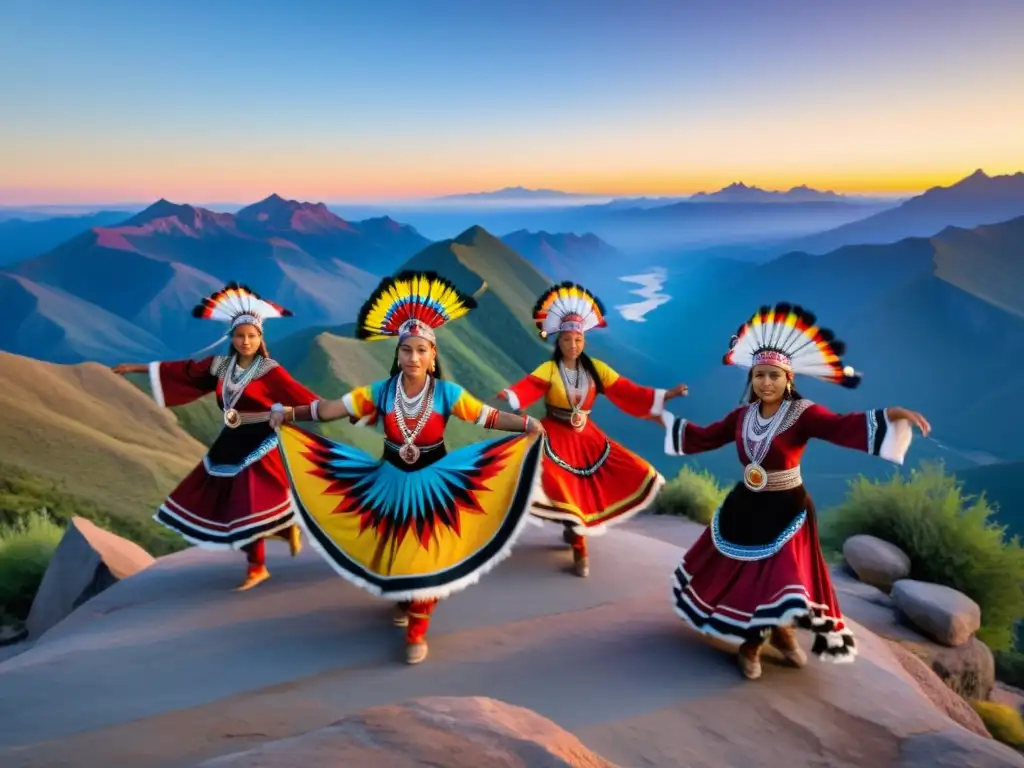 Grupo de bailarines indígenas danzando en la cima de una montaña al amanecer, rodeados de belleza natural