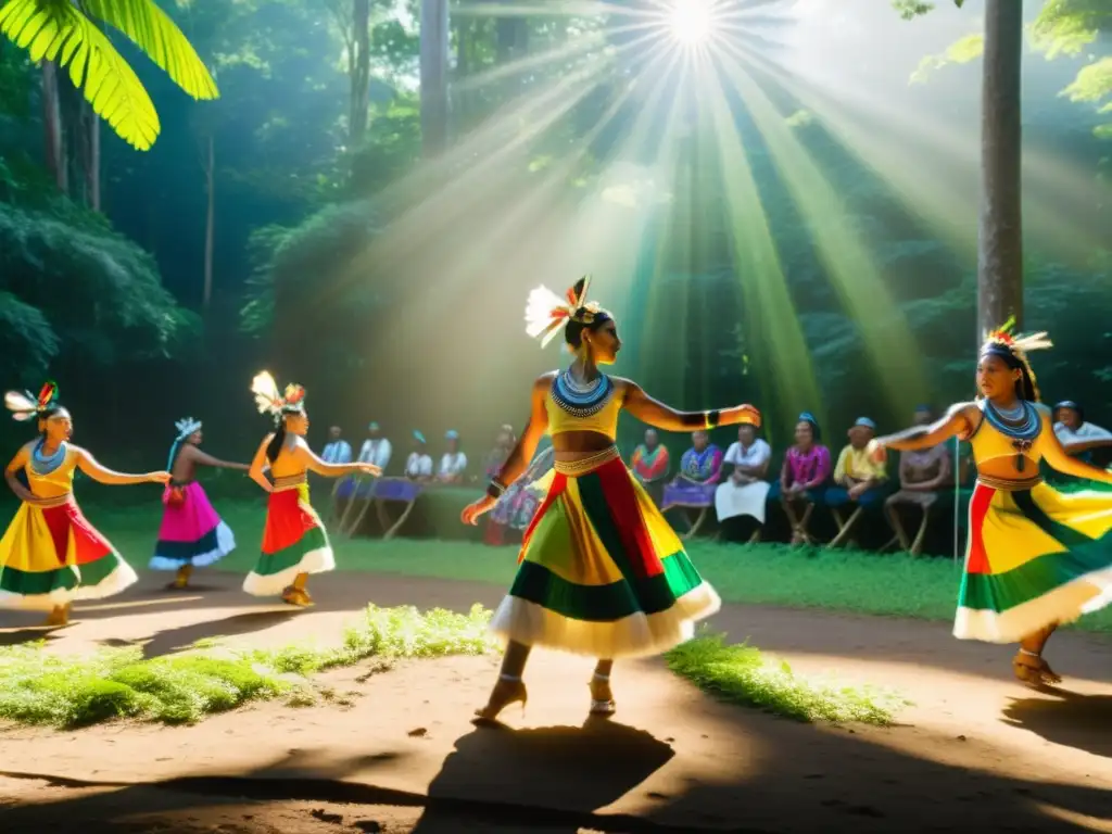 Grupo de bailarines indígenas danzando en un claro del bosque, rodeados de espectadores, en una celebración de tradición y orgullo cultural